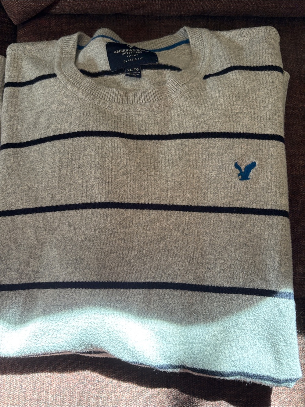American Eagle Outfitters Light Gray Crewneck Sweater with Navy Stripes